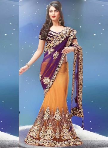 Bridal Net Sarees, Color : Yellow + Purple