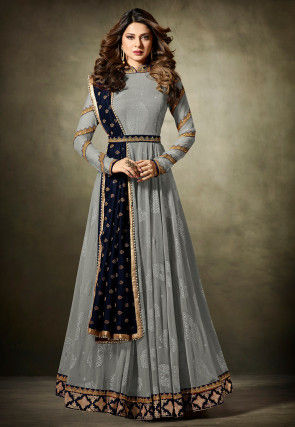 Designer Anarkali Suit, Color : Gery + Black