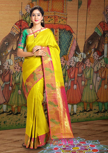 Border Printing Kanjeevaram Silk Sarees, Color : Yellow + Red