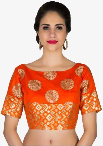 Readymade Silk Saree Blouse, Color : Orange + Golden