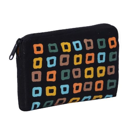 Black Square Print Zipper Canvas Pouch