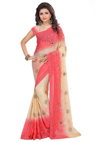 Nylon (nazneen) Embroidery Sarees, Color : Peach