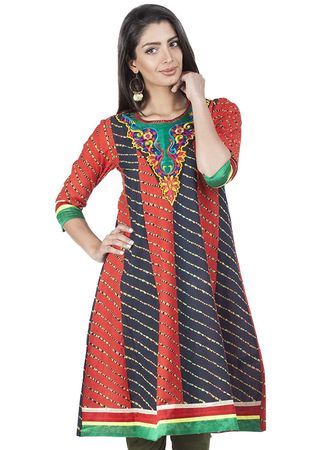 Zovi Orange & Black Embroidered Kurti, Gender : Female