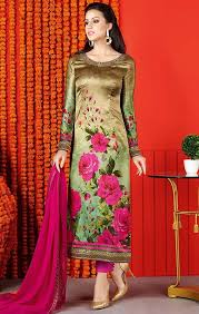Printed Salwar Kameez, Packaging Type : Olive Green & Pink