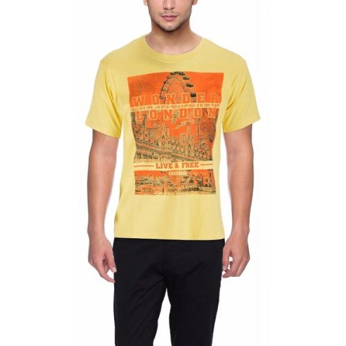 Mens Printed Yellow Round Neck T-Shirt