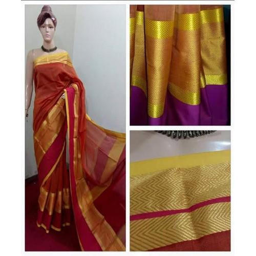 Maheshwari Orange Jari Border Saree, For Dry Cleaning, Craft Type : Plain