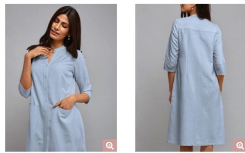 Mandarin Collar A Line Dress - Light Blue