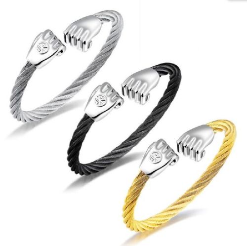Stainless Steel Gold Cable Fist Charm Wire Bangle