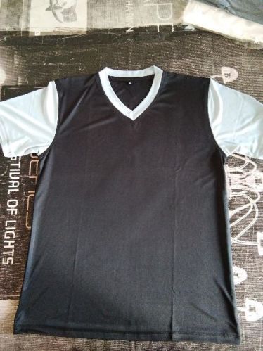 Black and White Polyester V Neck T-Shirt