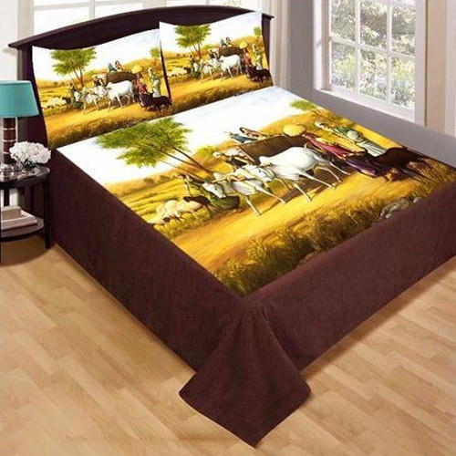 Village Scene Print Velvet Double Bed Sheet Set