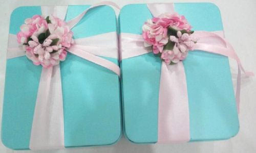 Bule Rectangular Tin Box With Flower Decoration