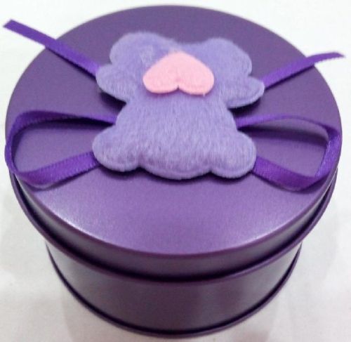 Purple Round Tin With Bear Decoration