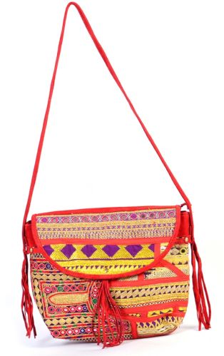 Handmade Red Color Leather Embroidery Flap Bag