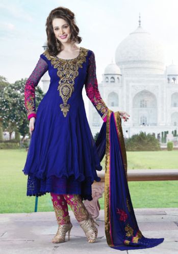 Royal Blue Net Churidar Kameez With Dupatta