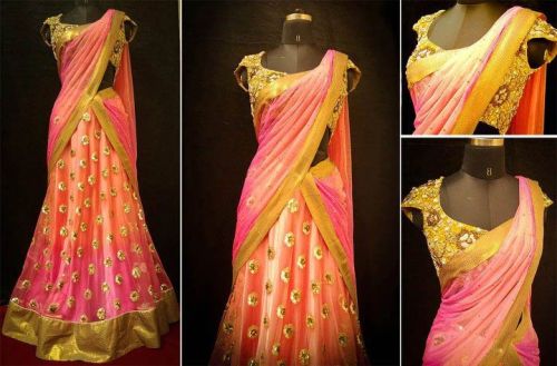 Embroidered Cotton Designer Lehenga Saree, Technics : Woven