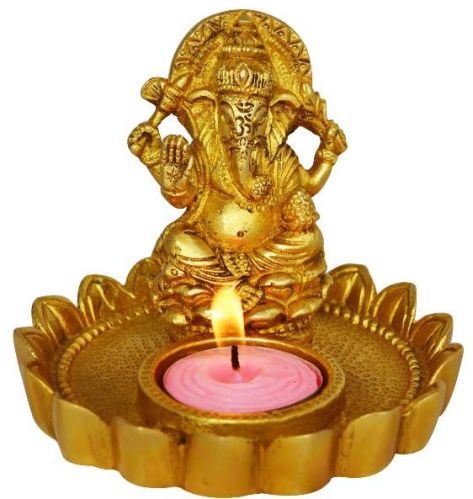 Diya With Metal Bronze Ganesh Statue In Yellow Finish