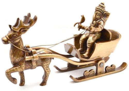 Ganesha's Sleigh Riding Reindeer Brass Statue, For Home Decor, Size : 7.1x2x3.9 Inch