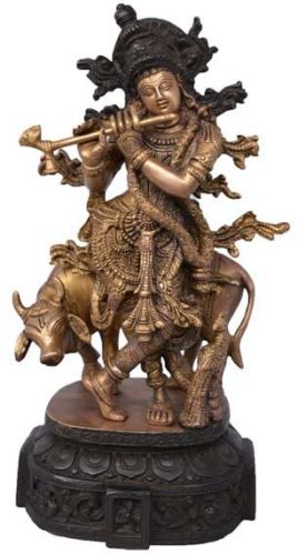 Lord Krishna Brassware Statue In Antique Finish.