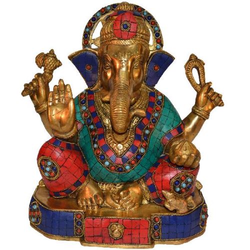 Sitting Lord Ganesh Statue With Coral Stone Work