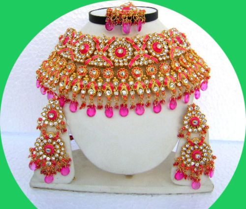 Indian Bollywood Pink Kundan Zircon Necklace Set