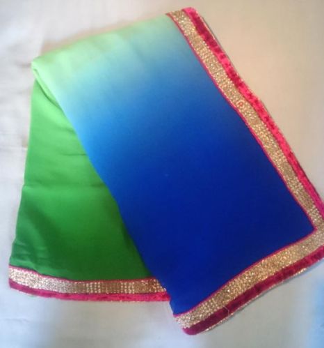 Fancy Work Shaded Green & Blue With Velvet Border Party Wear Saree