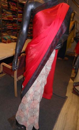 Half Half Printed Resham Work Georgette Saree