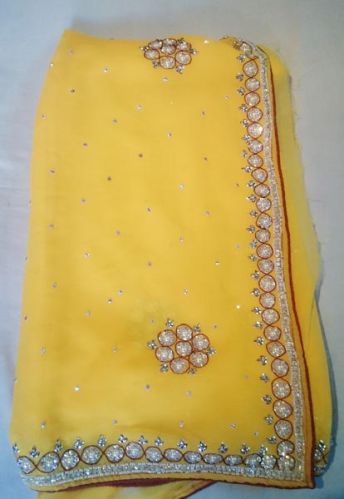 Handwork Party Wear Yellow Moti Work Saree