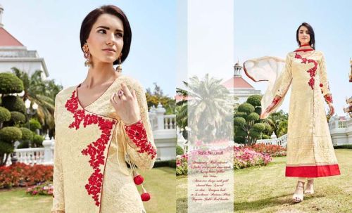 SHREE EXPORTS Fancy Fabric Celestial Cream Designer Suit, Gender : Women
