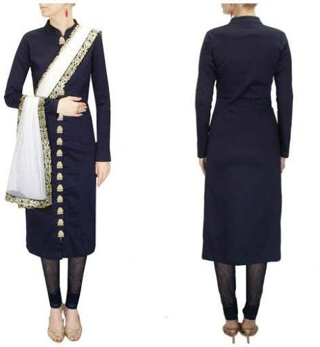 Flattering Navy Blue Raw Silk Churidar Suit