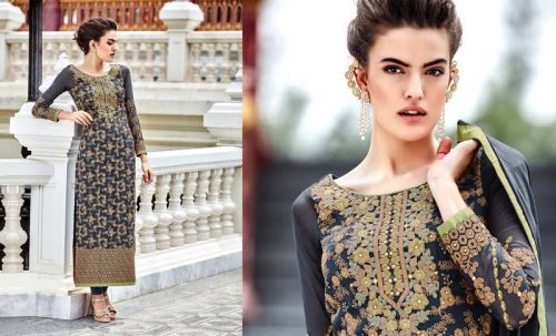 Sophisticated Georgette Grey Designer Suit, Technics : Embriodery