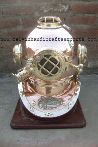 Mark V Copper Diving Helmet With Wooden Base