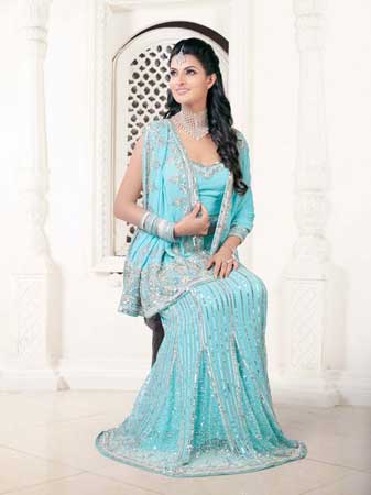Silk Designer Wedding Sarees, Color : Sky Blue Bridal Wear