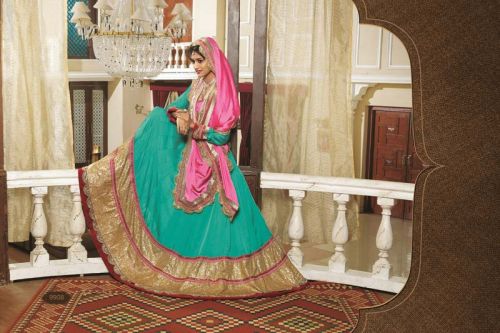 Sea Green Lace Work Chiffon Semi Stitched Designer Lehenga Choli With Blouse