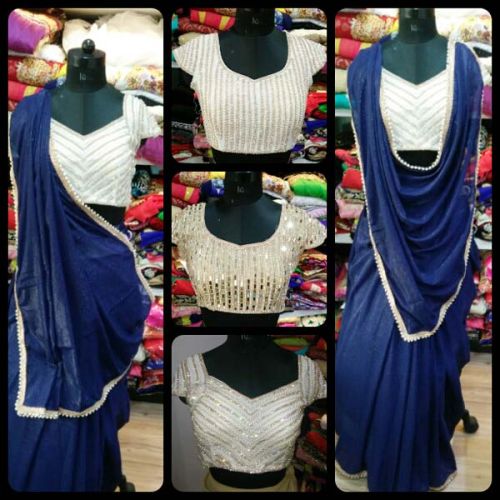 Navy Blue Georgette Sarees, Size : Free Zize