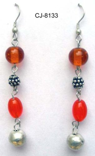 Glass Bead Earrings (CJ-8133), Color : Orange, Silver