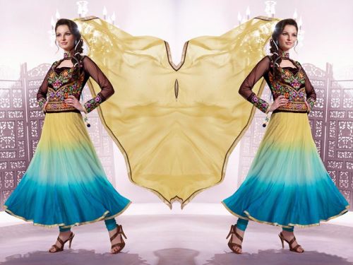 Black, Cyan Blue & Pale Yellow Net Salwar Kameez