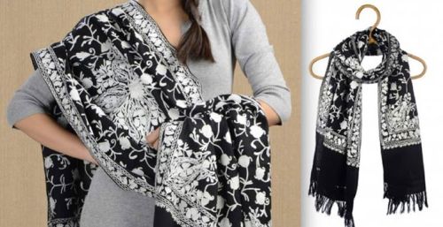 Printed Embroidered Woolen Shawl, Technics : Embroidery Work