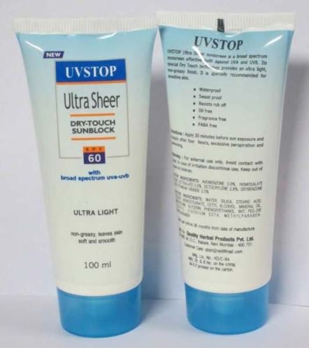 UVSTOP Sunblock Cream, For Parlour, Personal, Packaging Type : Plastic Tube