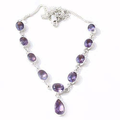 Purpule Amethyst Cut Gemstone 925 Sterling Silver Necklace