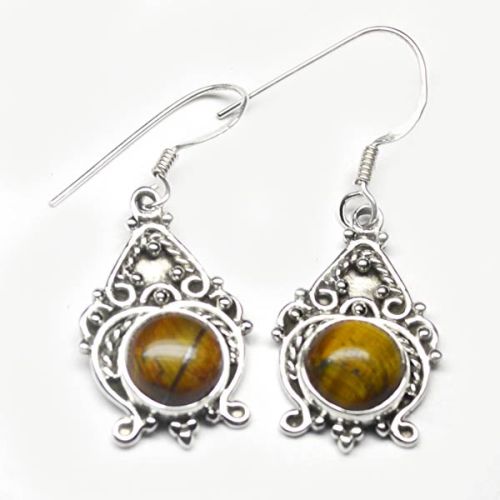 Tiger Eye Gem Stone 925 Sterling Original Silver Earrings