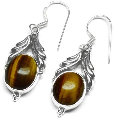 Tiger Eye Gem Stone 925 Sterling Original Silver Earring