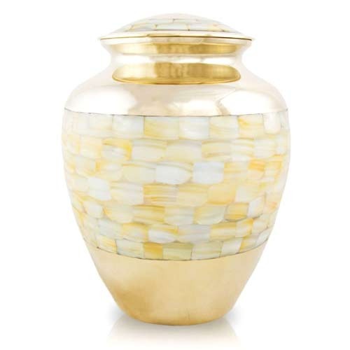 Polished MOP Brass Memorial Urns, For Home Decor, Hotel Decor, Restaurant Decor, Pattern : Printed
