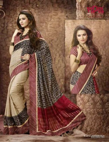 Designer Beige and Black Red Art Silk Party Wear Saree