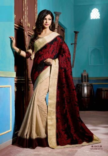 Designer Black and Red Art Silk Party Wear Saree With Velvet Border