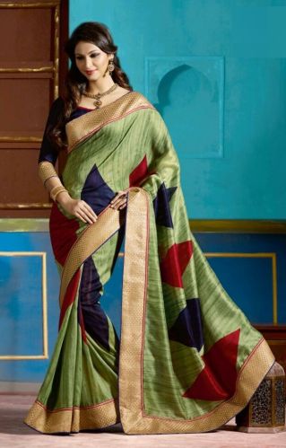 Designer Green With Digital Print and Zari Border Art Silk Saree