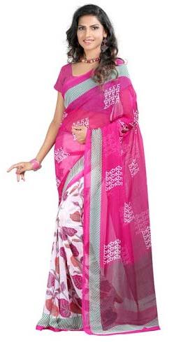 Chiffon Lace Work Cream Printed Saree, Size : 6.3 Mtr