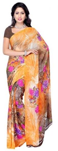 Orange Floral Printed Georgette Saree