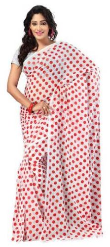 Polka Print Chiffon Saree, Color : Red