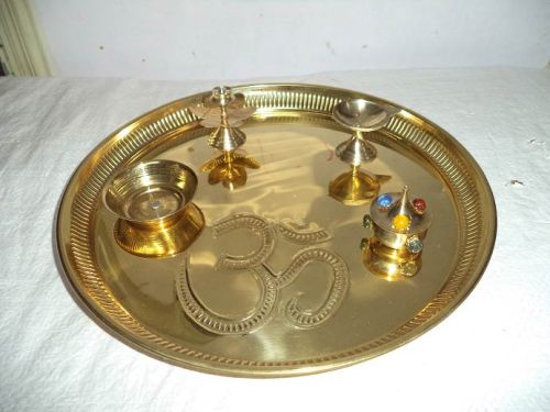 Golden Round Polished Brass Pooja Thali