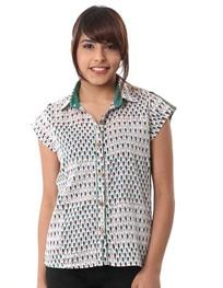 Women White Green Geometric Print Shirt